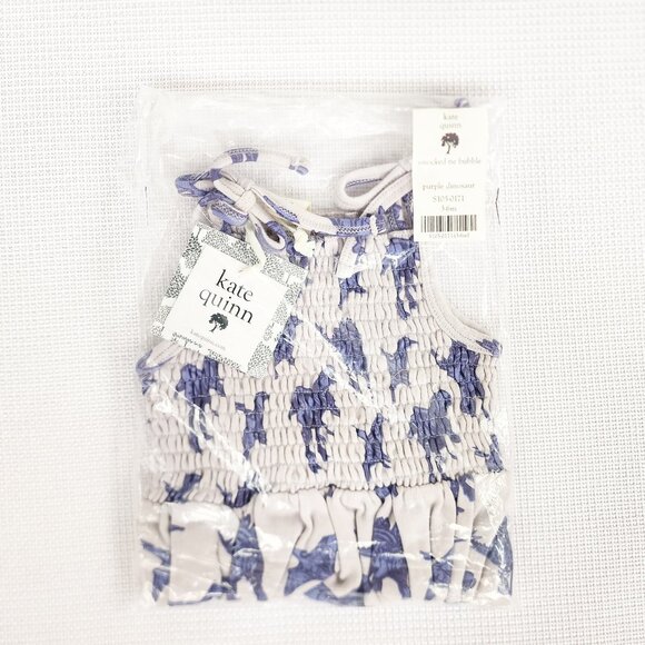 Kate Quinn Purple Dinosaur Organic Smocked Tie Bubble 3-6 Months Summer Romper - Picture 3 of 9